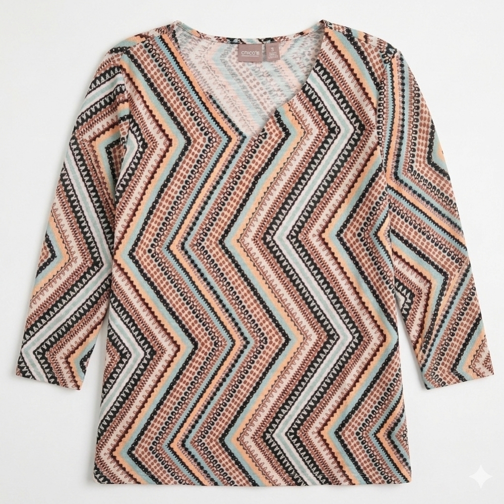 Chico's Size 3 (L)Multi Color Pullover Top 3/4 sleeves #168